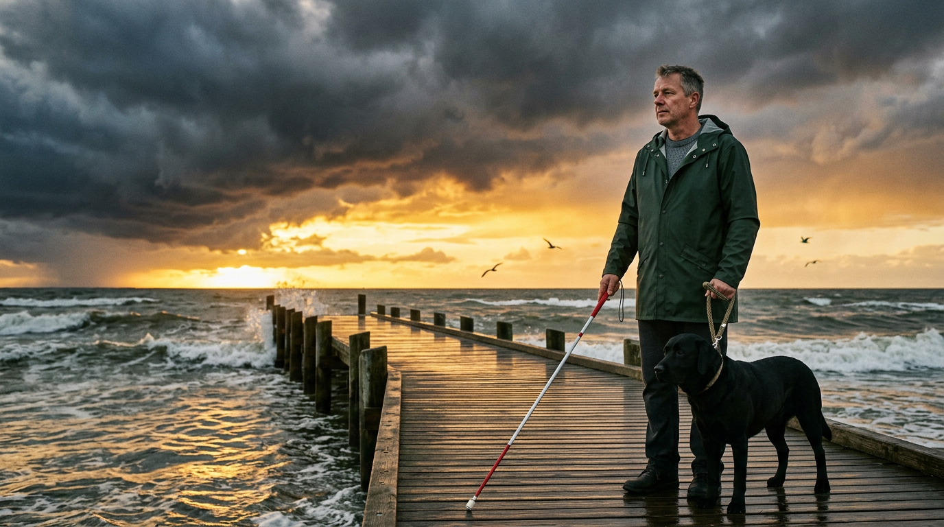 Man with a guide dog standing on a wooden pier with stormy sea and cloudy sunset