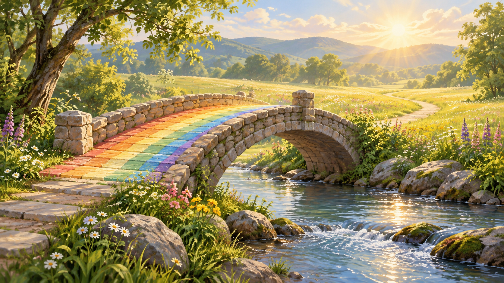 A stone bridge with a rainbow-colored walkway crosses a peaceful stream toward a sunlit meadow filled with wildflowers.